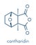Cantharidin blister beetle poison molecule. Secreted by blister beetles, spanish fly, soldier beetles, etc. Skeletal formula.