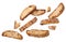 Cantucci biscuits and pieces are flying on a white background. Isolated