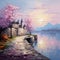 Canvas painting, capturing the beauty of a landscape where nature blooms and a distant castle