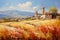 canvas painting, capturing the picturesque charm of a countryside village in a frosty landscape.