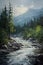 canvas painting, capturing the serene beauty of a river flowing through a lush forest.