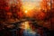 canvas painting, capturing the serene beauty of a river flowing through a lush forest.