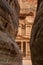 Canyon in the ancient city of Petra (Jordan) - opening view of the famous Al-Khazneh (aka Treasury)