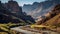 A canyon with a dramatic and scenic view and mountains in the distance