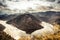 Canyon with river among mountains in overcast autumn day with dramatic sky in Europe country Montenegro in autumn season