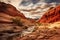 Canyon with a shallow mountain stream surrounded by majestic rocks against a dramatic sky