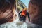 Canyoning extreme sport. canyoning expedition, popular trails, hard impressive spot. Travelling group exploring a wild untamed