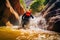 Canyoning extreme sport. canyoning expedition, popular trails, hard impressive spot. Travelling group exploring a wild untamed
