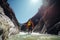 Canyoning extreme sport. canyoning expedition, popular trails, hard impressive spot. Travelling group exploring a wild untamed