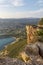 Cap Canaille cliffs overlooking Gulf of Cassis at Mediterranean Sea coast of French riviera at sunset light