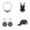 Cap, earrings, necklace, swimsuit. Clothing set collection icons in black style vector symbol stock illustration web.