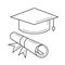 Cap of graduate and certificate degree line icon.