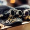 A cap made of metal parts and steampunk glasses is on the counter of the store