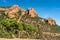 Cap roux hiking trail In the red rocks of the Esterel mountains with the blue sea of the Mediterranean