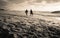 Capbreton, France - October 4, 2017: enthusiastic surfers going for surf session in scenic beautiful sunset seascape