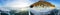 Cape with a cave at sunset in the ice of Lake Baikal at the on Olkhon Island. Cylindrical panorama 360