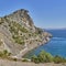 Cape Chiken, Blue Bay of the Black Sea near the village of Novy Svet, Crimean peninsula. Golitsin trail tourist route.