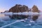 Cape Khoboy and Ice Surface of Frozen Lake Baikal During Morning Twilight