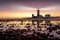 The Cape Recife lighthouse guiding ships pass the Thunderbolt reef on the coastline of Port Elizabeth, South Africa