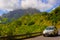 Cape Verde Mountains Landscape, Car on the Road that Cross Malagueta Sierra, Cloudy Blue Sky