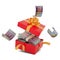 Cape Verdean escudo notes inside an open red gift box. Cape Verdean escudo inside and flying around a gift box