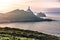 Cape Vilan Lighthouse, Cabo Vilano, in Galicia at sunset, Spain