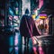 caped superhero walking in japanese neon streets, generative AI