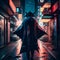 caped superhero walking in japanese neon streets, generative AI