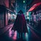 caped superhero walking in japanese neon streets, generative AI