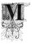 Capital Decorative Ornate Letter M, With Floral Embellishment or Ornament. Vintage Antique Drawing