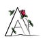 Capital initial letter A with red rose. Decorative font with flower and green leaves for monograms and logos.