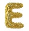 Capital latin letter E made of crumpled gold foil isolated on white background