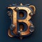 Capital letter B, steampunk alphabet in bronze metal and navy blue, AI generative