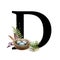 Capital letter D with bird nest. Alphabet element forest decor. Watercolor illustration. Beautiful fern, nest, feathers