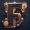 Capital letter F, steampunk alphabet in bronze metal and navy blue, AI generative