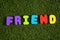 Capital letter `Friend` word from colorful of wood on grass background.