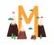 Capital letter M of English childish alphabet with animal in scandi style. Kids font with mountains for kindergarten and