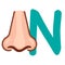 Capital letter N of English alphabet with cute cartoon nose. Funny font for kindergarten and preschool education