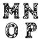 Capital letters with animals. Letters: M, N, O, P. Crane, heron, bear, bees, mice, patterns. Black and white vector illustration.