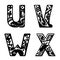 Capital letters with animals. The letters U, V, W, X. Catfish, duck, heron, lizard, grasshopper, bear, elk, hedgehog, patterns.