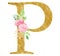 Capital P letter with leaves raster illustration