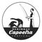 Capoeira berimbau festival badge. Capoeira dancer playing a instrument berimbau. Two capoeira dance fighter silhouette.