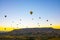 Cappadocia background photo. Hot air balloons on the sky at sunrise