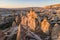 Cappadocia Fairy Chimney and Red Valley pinnacle rocks sunset dusk