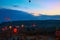 Cappadocia, Goreme, Anatolia, Turkey. Hot Air balloons flying over Mountains landscape sunset Cappadocia