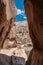 Cappadocia from inside cave house. Impressive fairy chimneys of sandstone in the canyon near Cavusin village, Cappadocia, Nevsehir