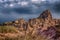 Cappadocia. View of the rock castle of the town of Uchisar through the valley of Guyerchinlik during a thunderstorm