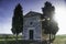 Cappella di Vitaleta with cypresses between San Quirico d& x27;Orcia and Pienza in the Val d& x27;Orcia in Tuscany