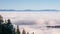 Capping inversion, mountain and trees. Background photo of low clouds in mountains. Winter alpine landscape in Switzerland