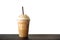 Cappuccino blended in plastic cup. Served with whipped cream. Refreshment drink. Favorite caffeine beverage